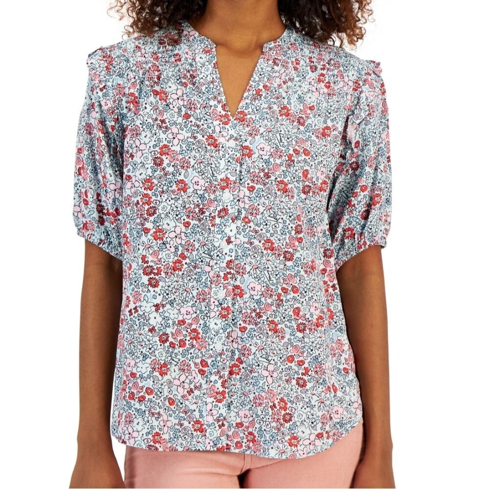 Tommy Hilfiger Women's Short Sleeve Smocked Yoke Top medium multicolor floral